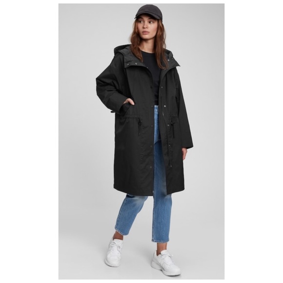 GAP Trench Coat M Oversized (Anorak Parka) Jacket Hood Black Medium NWT’S-$140 - Picture 2 of 8
